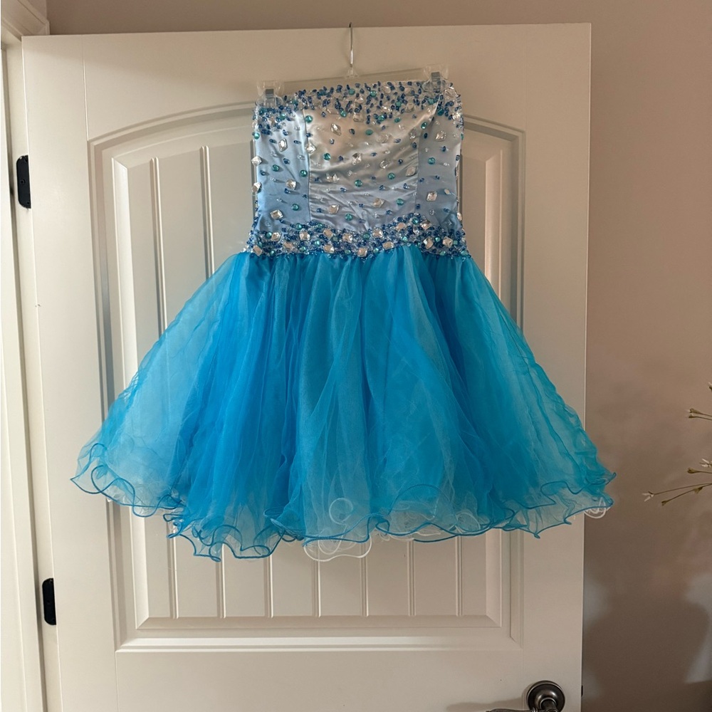 Blue Strapless Dress with Embellished Bodice